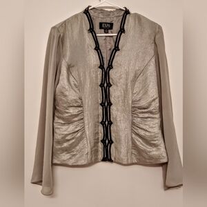 Silver Metallic Long-Sleeve Ladies Dressy Top with Black Trim, Expo NY, Size 12